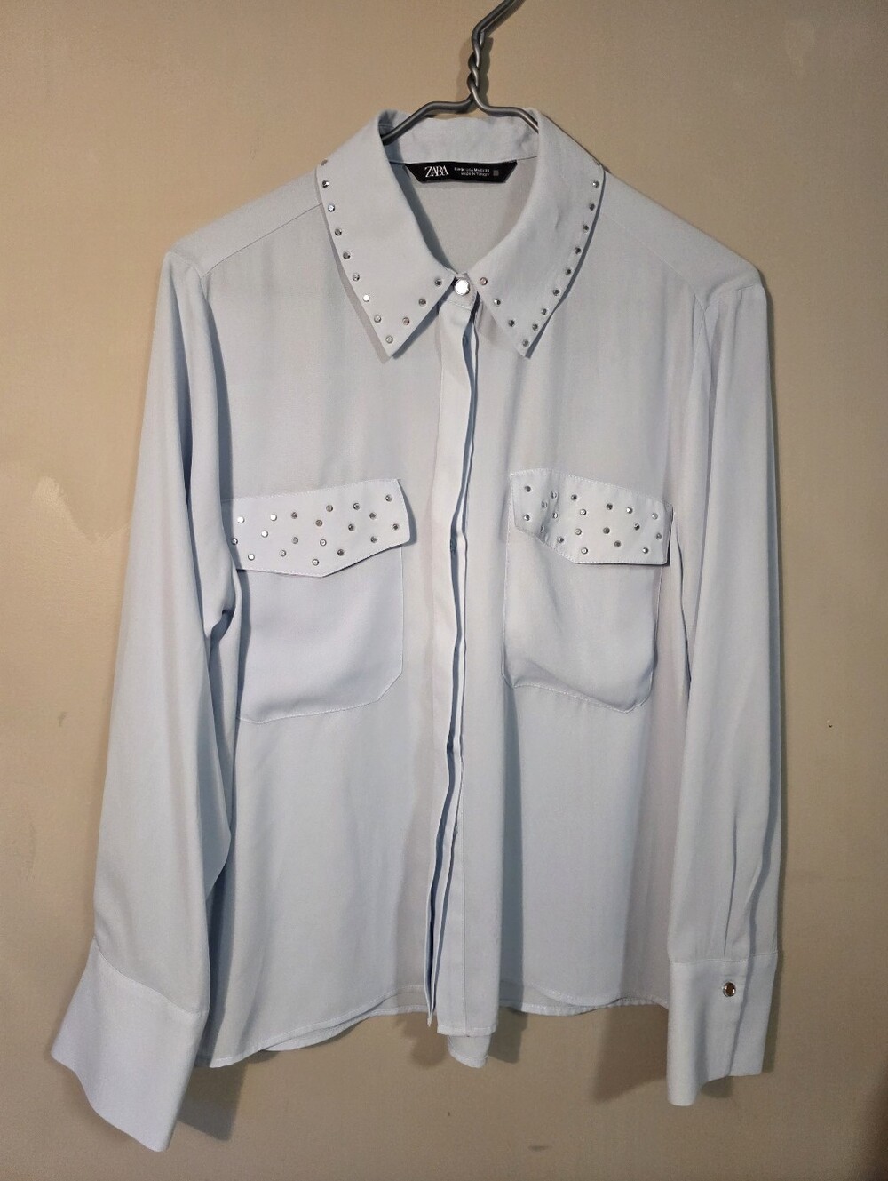 Zara Light Blue Fluid Button-Down Blouse with Silver Studded Trim - Style 3564/1